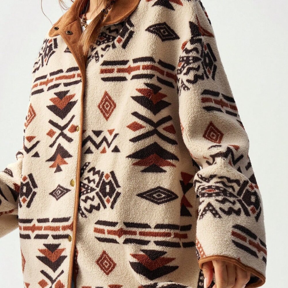 Multicolor Casual Women's Geometric Print Reversible Fleece Jacket - Picture 3 of 8